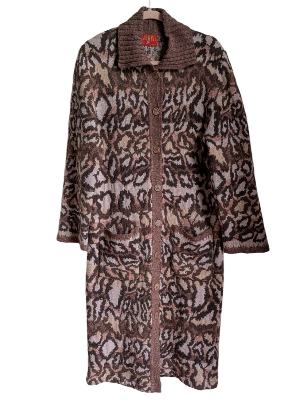 KENZO JUNGLE VINTAGE Animal Print Neutrals Wool Long Lined Cardigan Size Large
